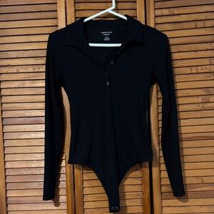 American Eagle Outfitters Black Long-Sleeve Polo Snap Bodysuit
